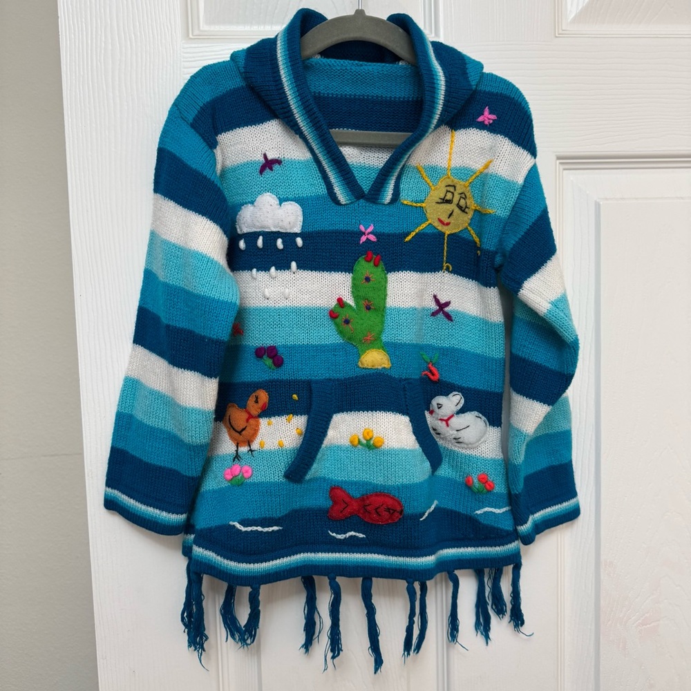 Peruvian Hand Knit colorful blue and white Hooded Sweater, colorful Embroidery